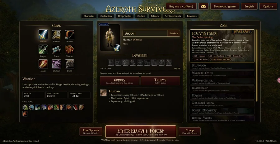 Azeroth Survivors — Krieger: Startzauber, Zauberauswahl und Ausrüstungsplätze